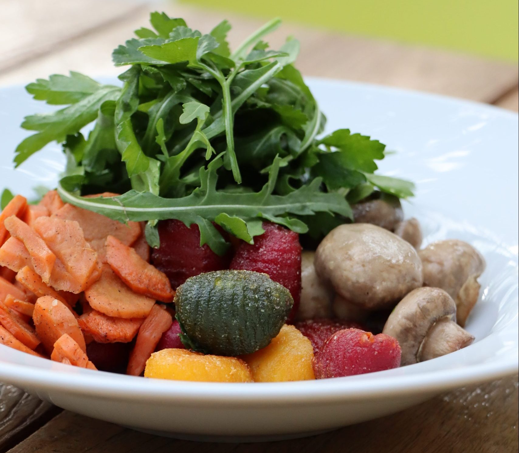 Gnocchi Bowl with beetroot-spinach-gnocchi, carrots, mushrooms, wild garlic and rocket