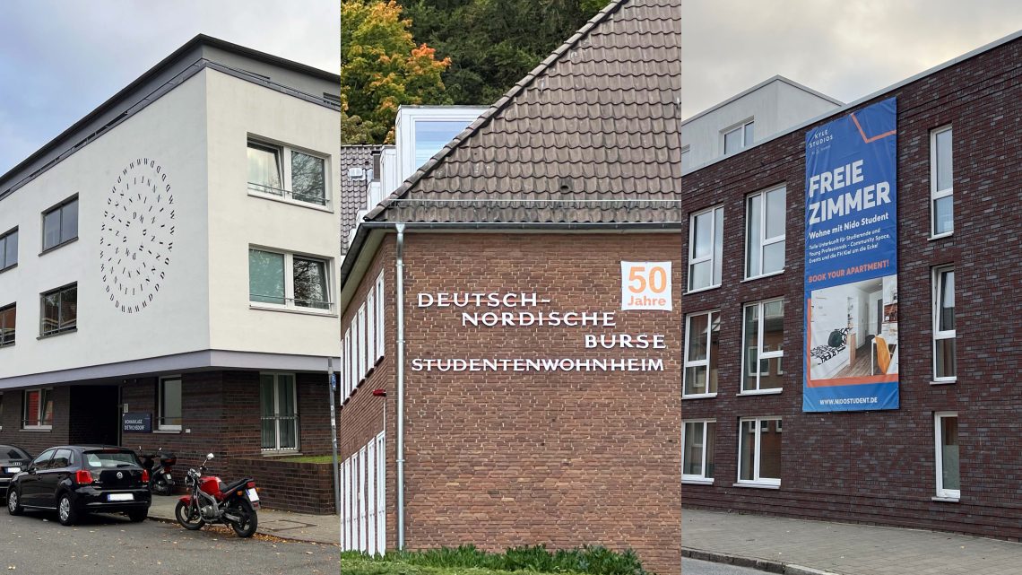 A picture collage of three dormitories, on the left a white building, in the middle a light brown building, and on the right a dark brown brick building