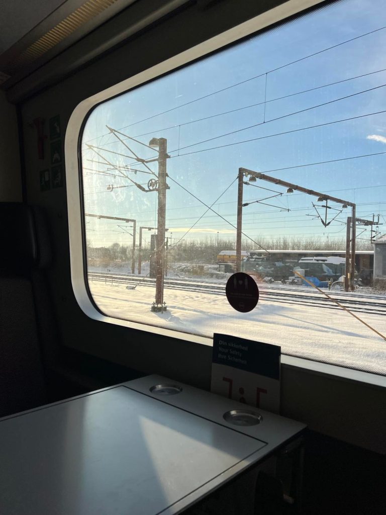 picture of train window with a view of train tracks