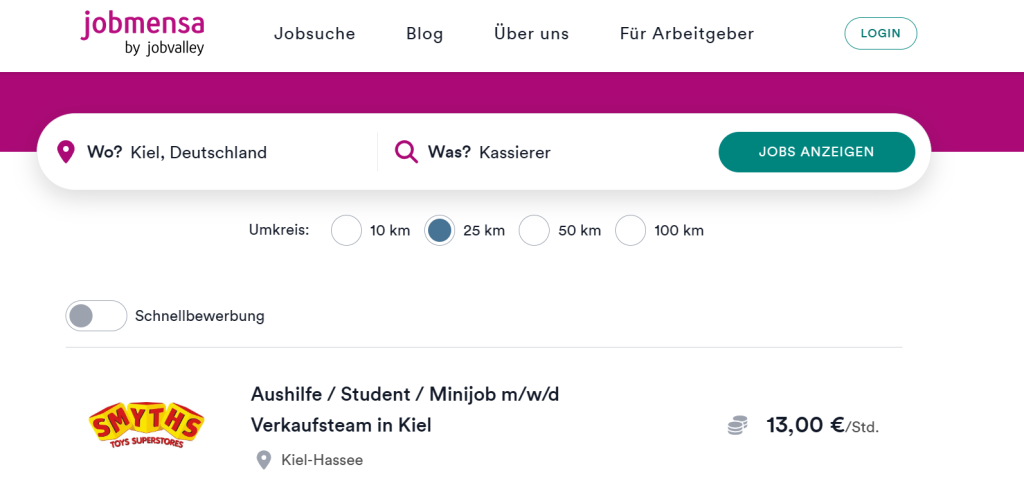 Screenshot from jobmensa.de for the example Kiel + Cashier